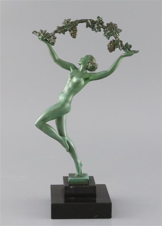 R. Guerbe for Max Le Verrier. A bronze model of a dancing maiden holding aloft a grapevine, height 11.5in.